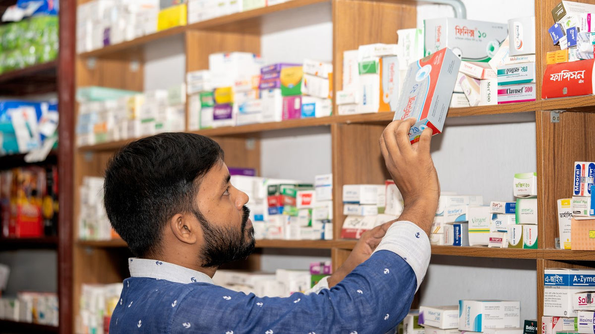 A pharmacy shelf of products
