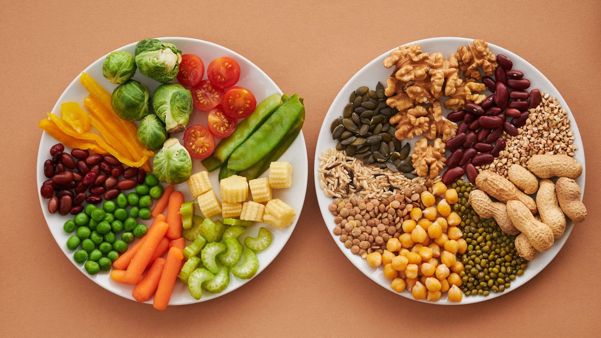 A colorful flatlay of fresh vegetables and nuts