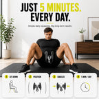 A man in a black outfit sits on a black exercise mat in a bright room, performing an abdominal squeeze exercise with a black and gray device between his legs. Large text at the top reads 'JUST 5 MINUTES.