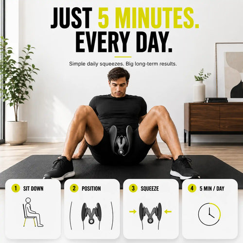 A man in a black outfit sits on a black exercise mat in a bright room, performing an abdominal squeeze exercise with a black and gray device between his legs. Large text at the top reads 'JUST 5 MINUTES.