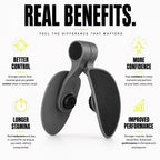 An abdominal exercise band shown on a white background with marketing text highlighting benefits: better control, more confidence, longer stamina, and improved performance.
