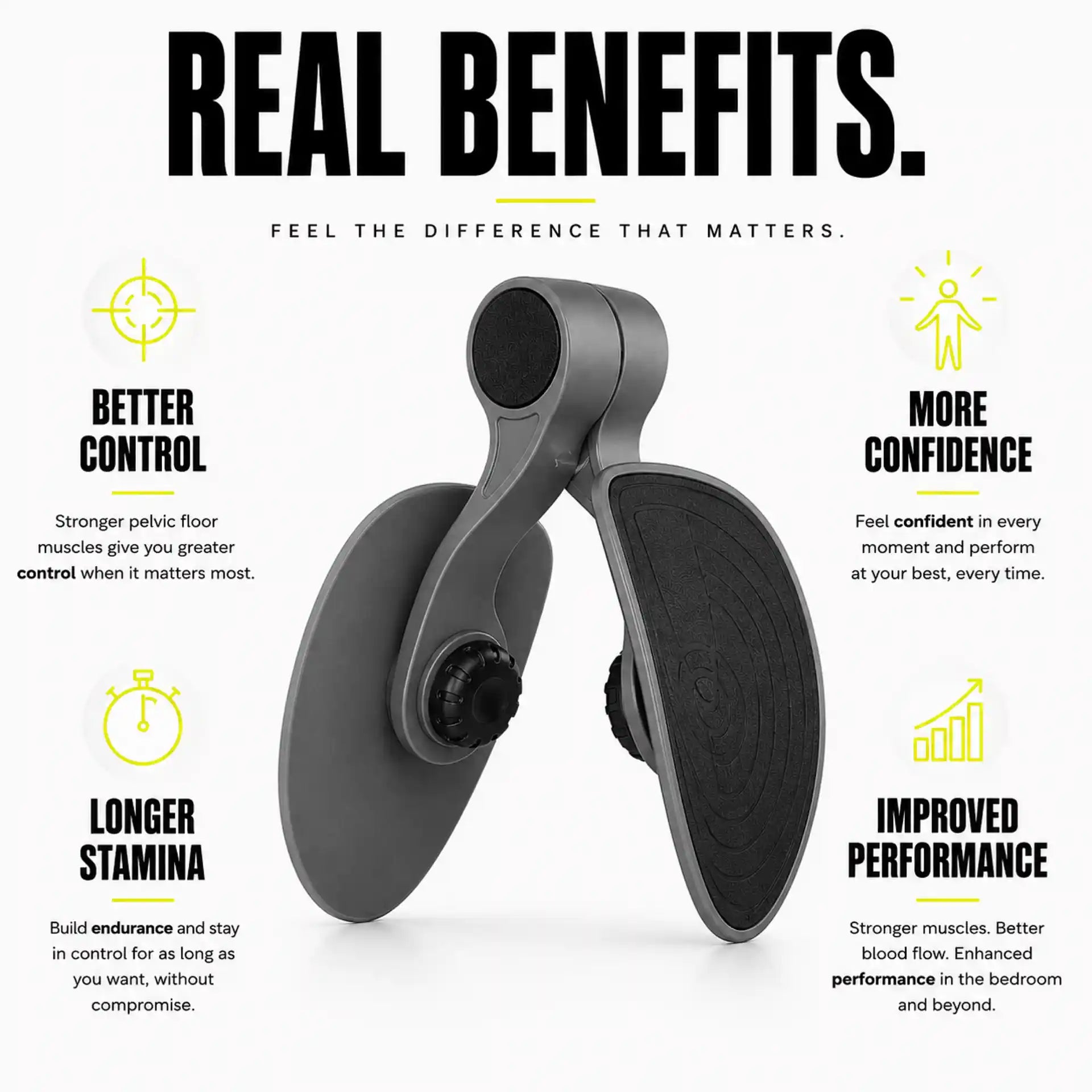 An abdominal exercise band shown on a white background with marketing text highlighting benefits: better control, more confidence, longer stamina, and improved performance.