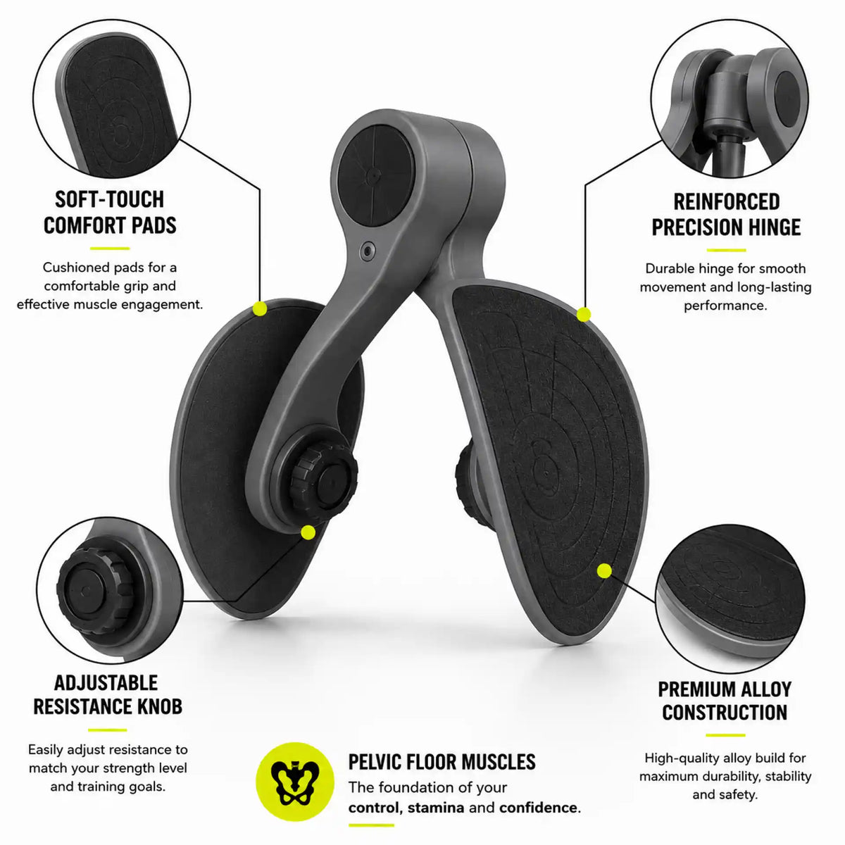 Pelvic floor muscle trainer shown on a white background with callout circles and text explaining features such as soft-touch comfort pads, reinforced precision hinge, adjustable resistance knob, and premium alloy construction.