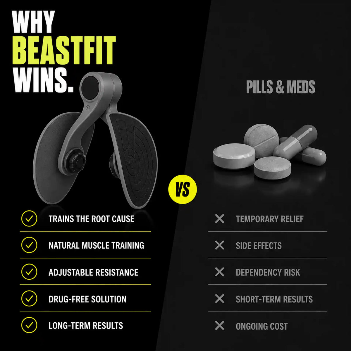 Promotional comparison graphic for a foot/ankle root cause trainer. The left side shows the gray adjustable foot trainer with text highlighting benefits like training the root cause and natural muscle training.