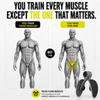An informational fitness graphic with text reading 'YOU TRAIN EVERY MUSCLE EXCEPT THE ONE THAT MATTERS.' above two anatomical male figures showing pelvic floor muscle training concepts, plus a black pelvic floor device and a small logo at the bottom.